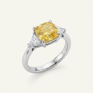 Yellow Cushion Cut Simulated Diamond Ring W/ Trillion Accents In Sterling Silver